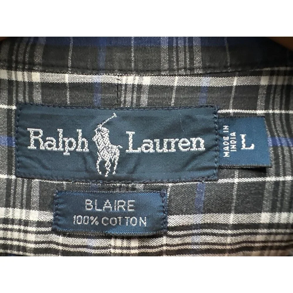 Ralph Lauren Plaid Button-Down Shirt Blaire Black Blue Cotton Long Sleeve Large